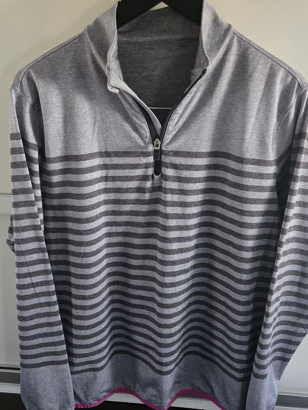 G/FORE Gray Striped Zip-Up Pullover with Pink Hem